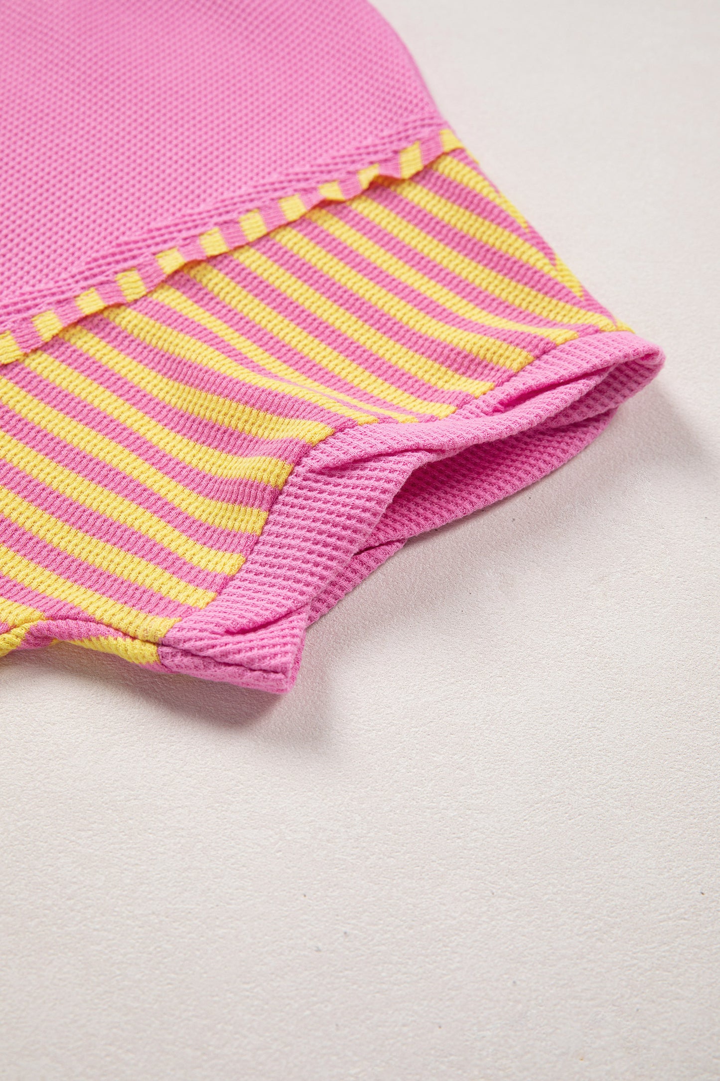 Bright Pink Waffle Textured Contrast Striped Patchwork Loose T Shirt