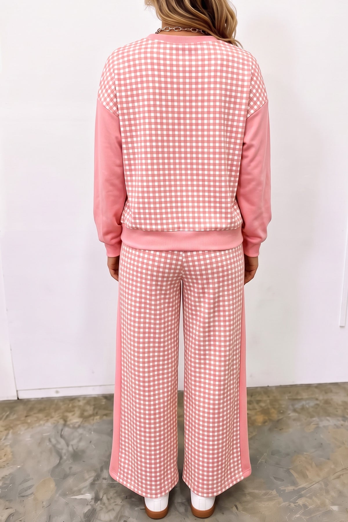Pink Color Block Plaid Patchwork Long Sleeve Pullover Wide Leg Pant Set