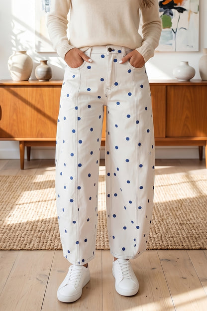 Pink Polka Dot Print Seam Detail Barrel Jeans