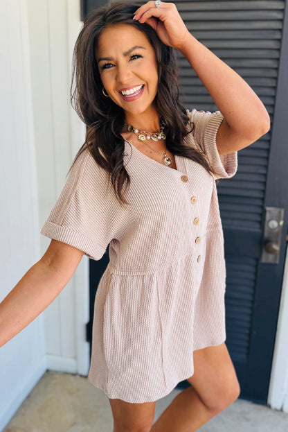 Bright Pink Spiral Ribbed Short Sleeve V Neck Buttoned Romper with Pocket