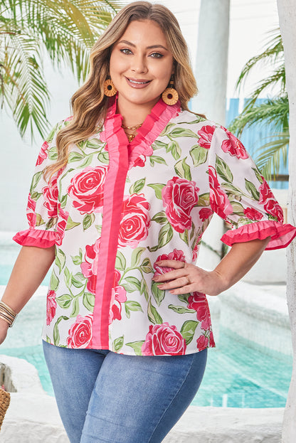 Rose Plus Size Floral Print Frilled Stripes Detail Short Sleeve Blouse