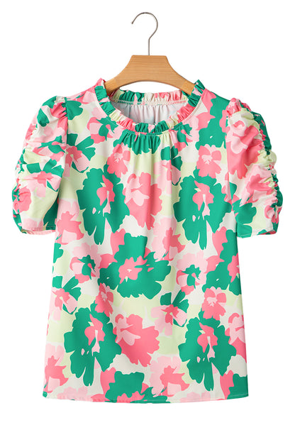 Green Abstract Print Frilly Neck Ruched Short Sleeve Blouse