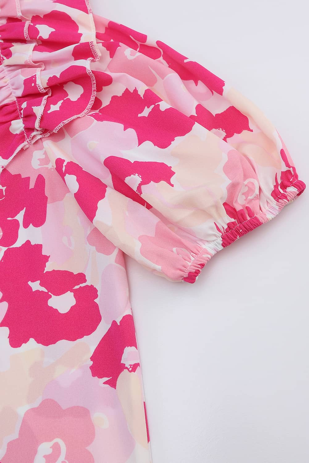 Pink Split Neck Ruffled Puff Sleeves Floral Top