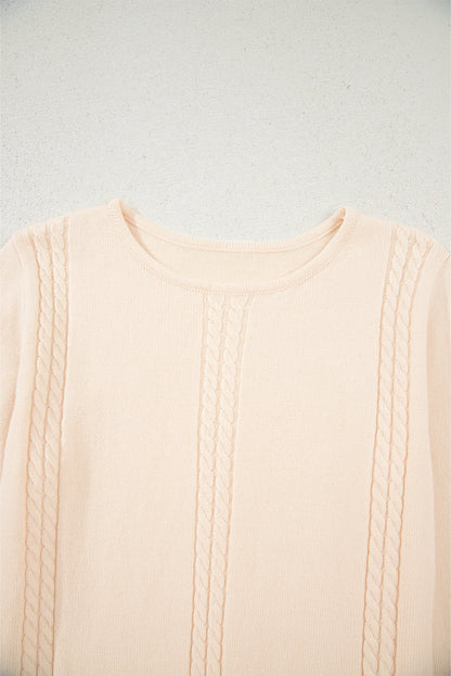 Beige Cable Texture Bohemian Ruffle Hem Patchwork Sweater