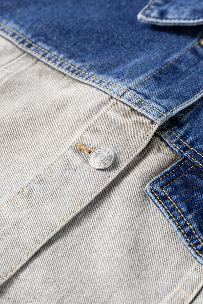 Dusk Blue Color Block Patchwork Flap Detail Distress Denim Jacket
