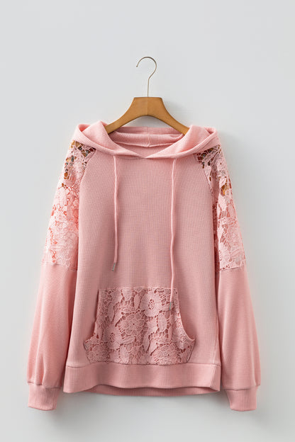 Gossamer Pink Lace Patchwork Raglan Sleeve Kangaroo Pocket Waffle Hoodie