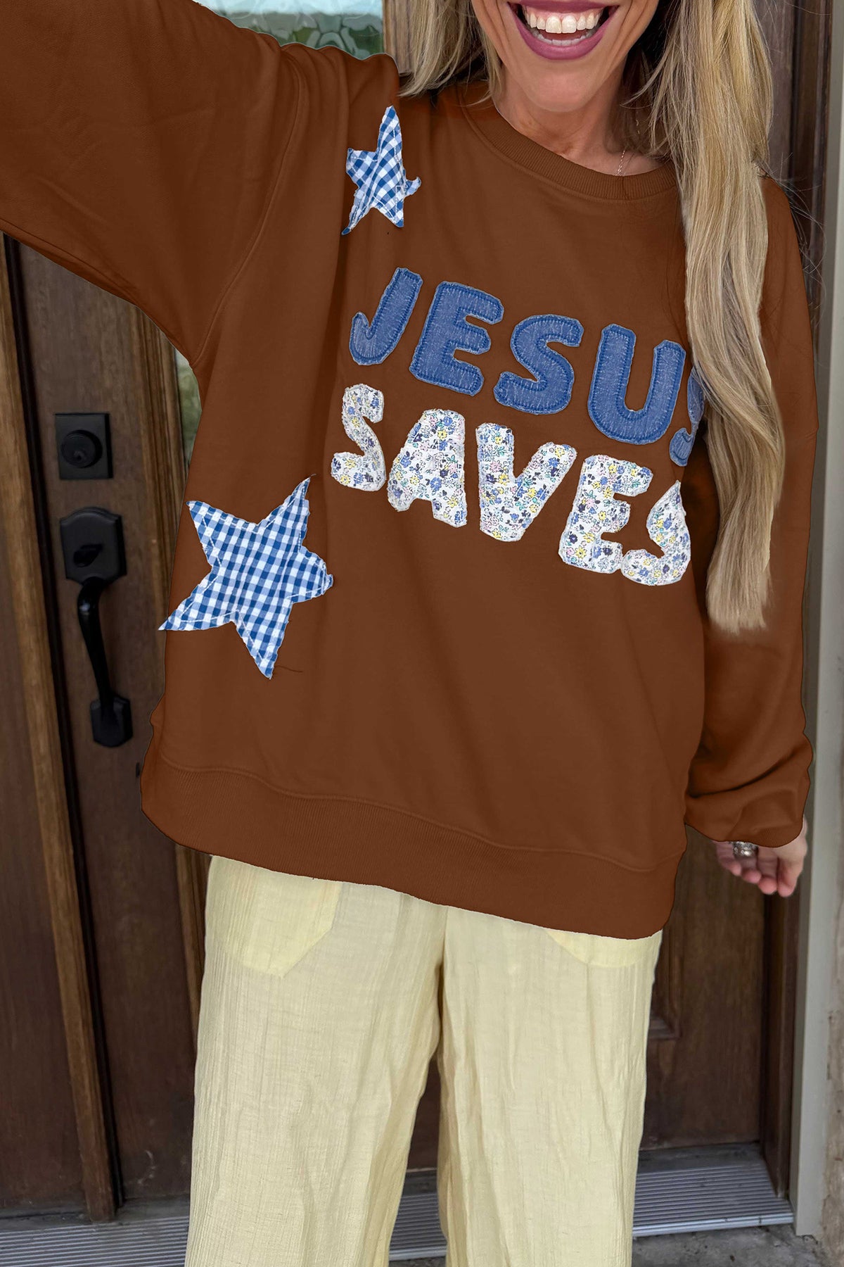 Pink Patchwork Stars Plaid Unique Floral Letters Baggy Sweatshirt
