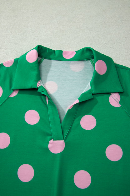 Pink Polka Dot Print V Neck Tee Short Set