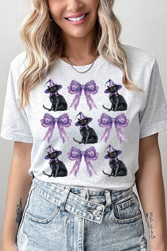 Halloween Black Cat Witch Hat Purple Bow Tee