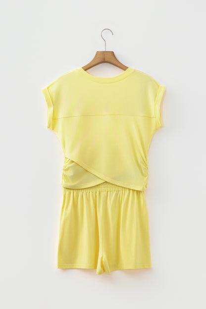 Mint Green Solid Short Sleeve Elastic Waist Pocket Casual Two Piece Short Set