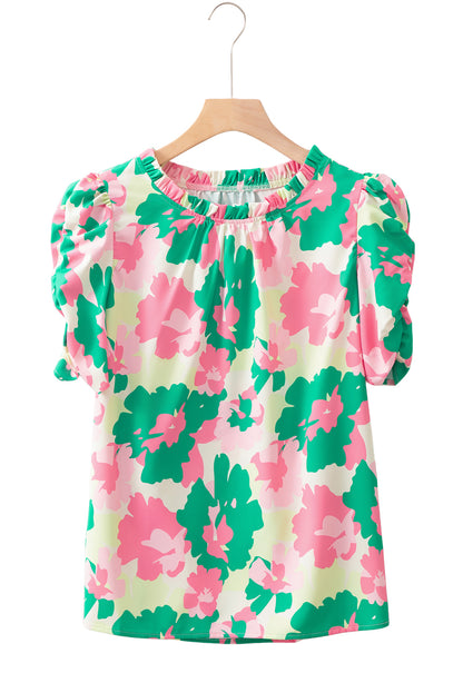 Green Abstract Print Frilly Neck Ruched Short Sleeve Blouse