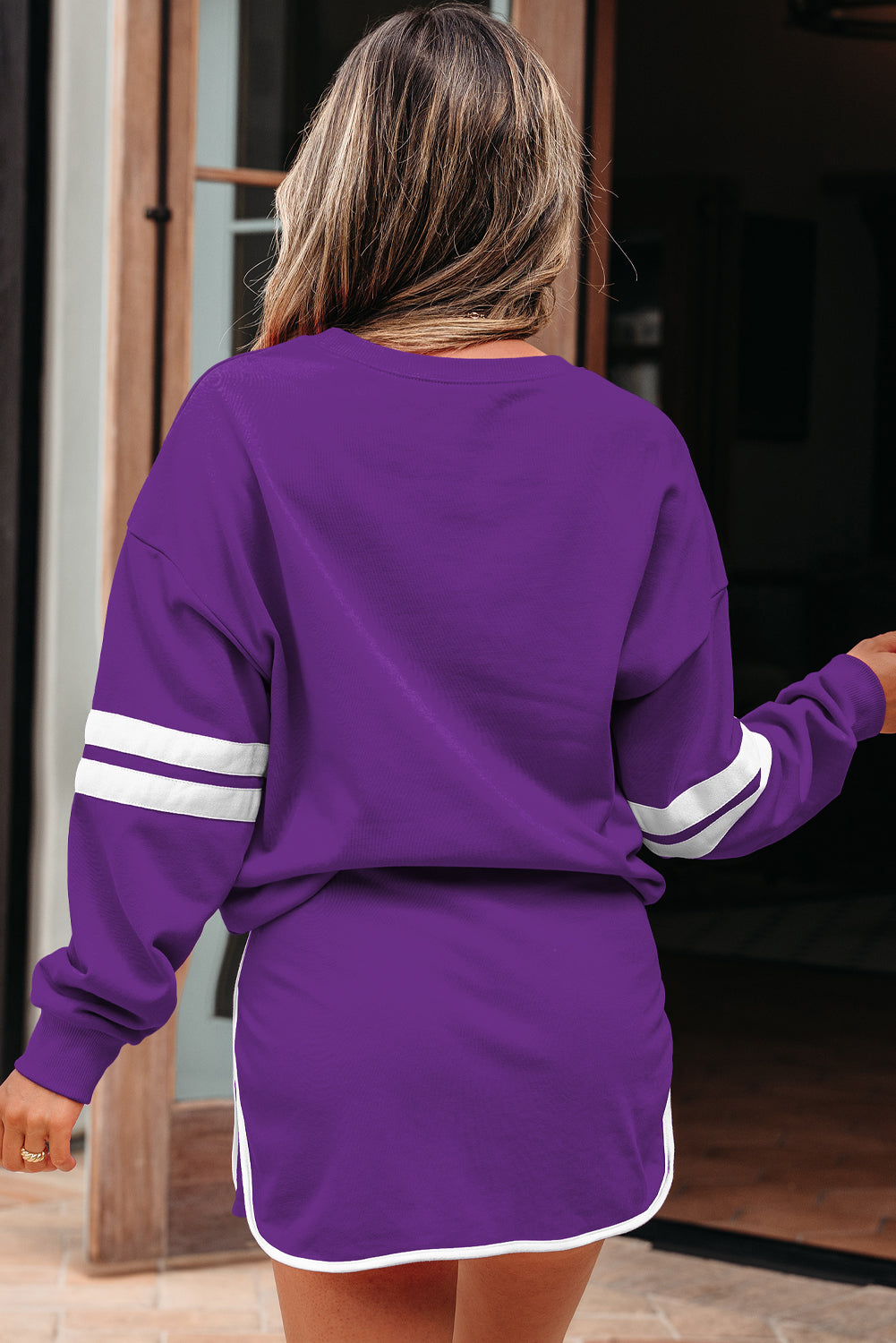 Evergreen Varsity Stripe Detail Drop Shoulder Pullover Mini Skirt Set