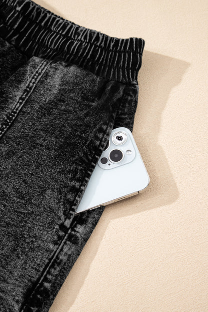 Black Drawstring High Waist Pocketed Denim Shorts