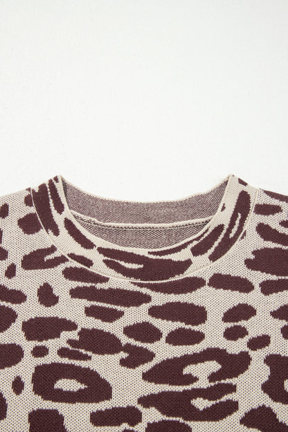 Khaki Leopard Print Short Sleeve Knit Loose Pullover Sweater