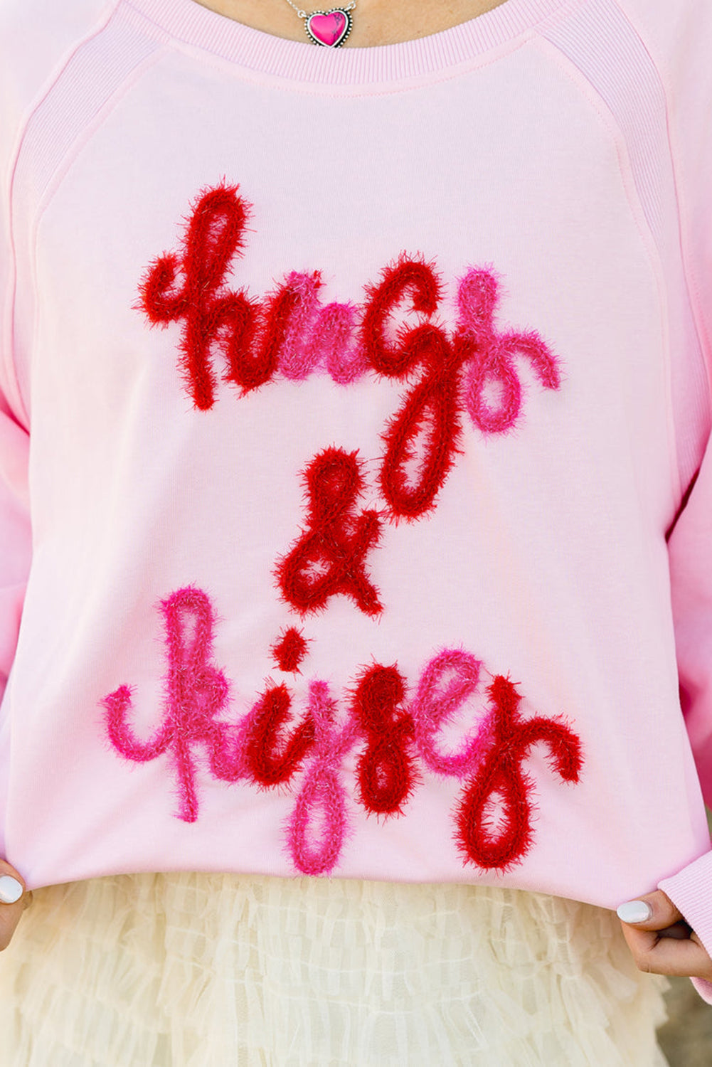 Pink Hugs and Kisses Pop Up Embroidered Raglan Sleeve Sweatshirt