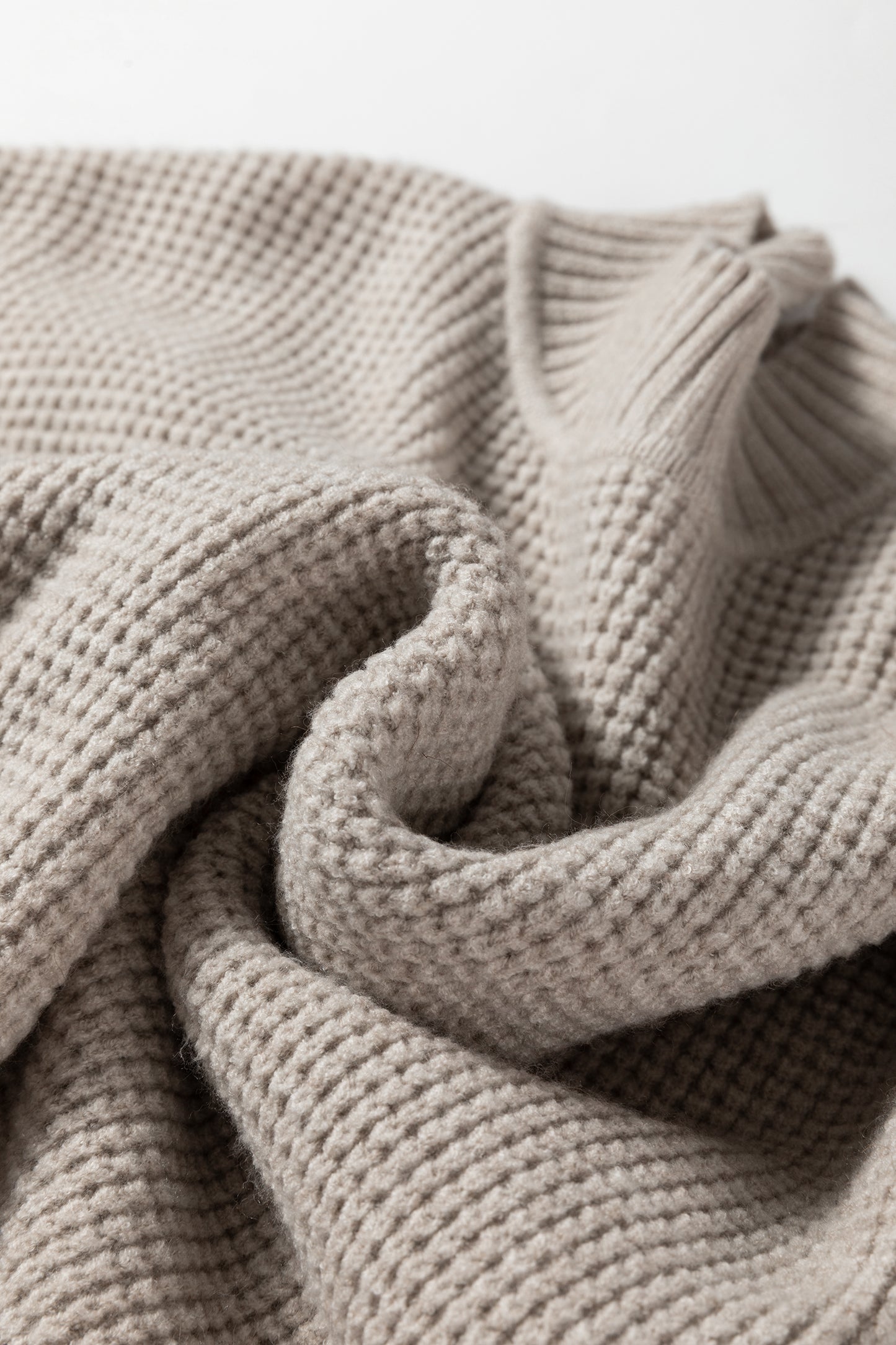 Gray Morn Waffle Texture Knit Ribbed High Neck Drop Shoulder Sweater