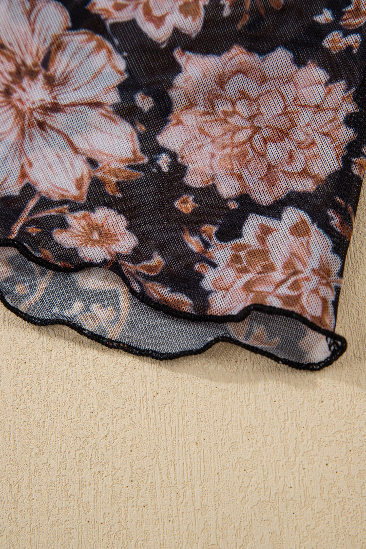 Black Floral Print Mesh Mock Neck Long Sleeve Top