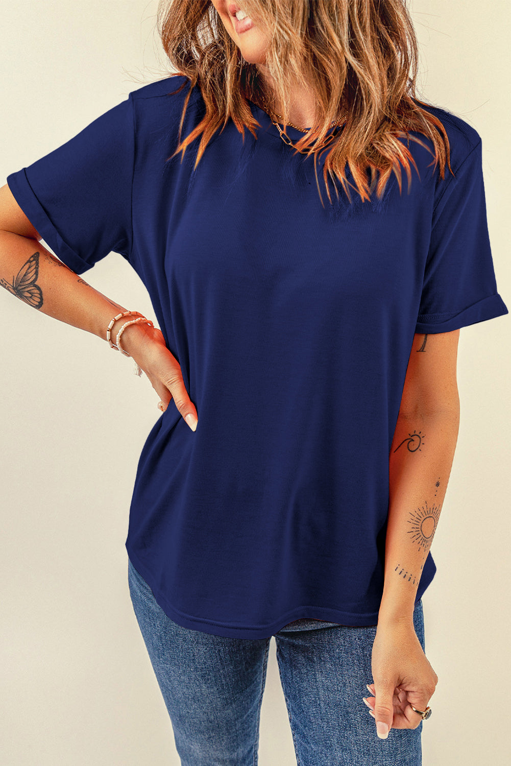 Yellow Cream Casual Plain Crew Neck Tee