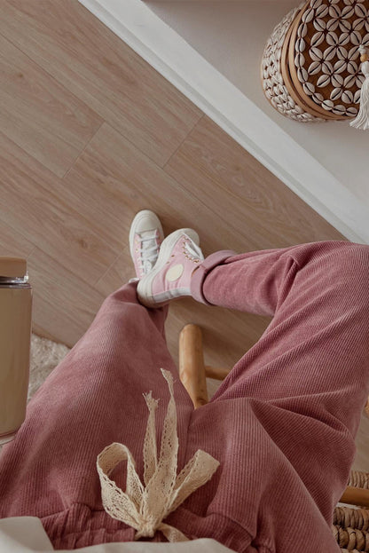 Parchment Leopard Drawstring Pullover Hoodie and High Waist Pants Corduroy Suit