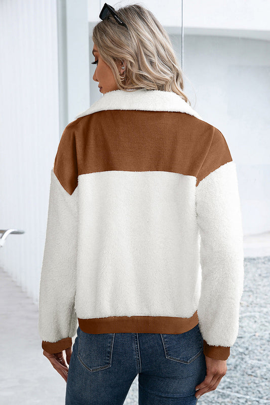 Chestnut Corduroy Color Block Contrast Patchwork Fuzzy Jacket