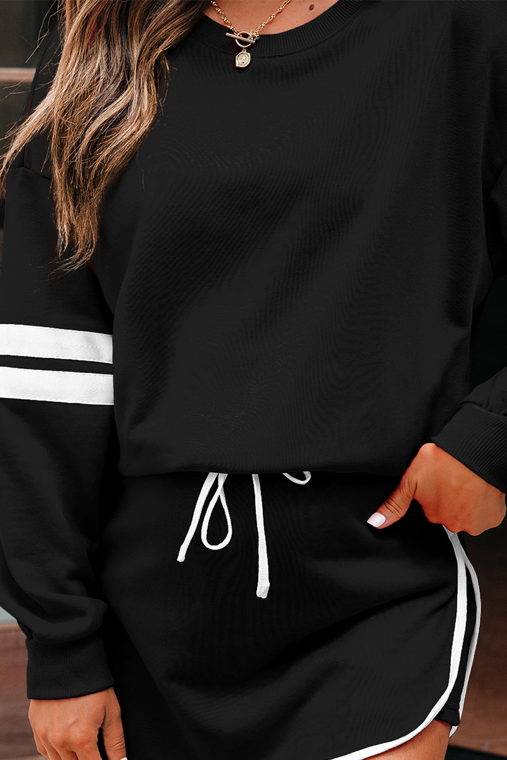 Evergreen Varsity Stripe Detail Drop Shoulder Pullover Mini Skirt Set