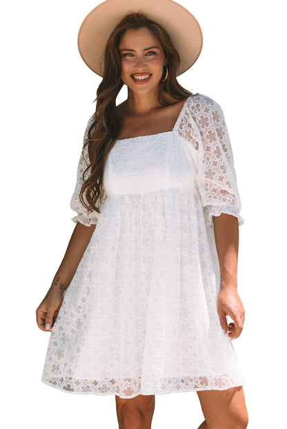 White Floral Lace Puff Sleeve Empire Waist Mini Dress
