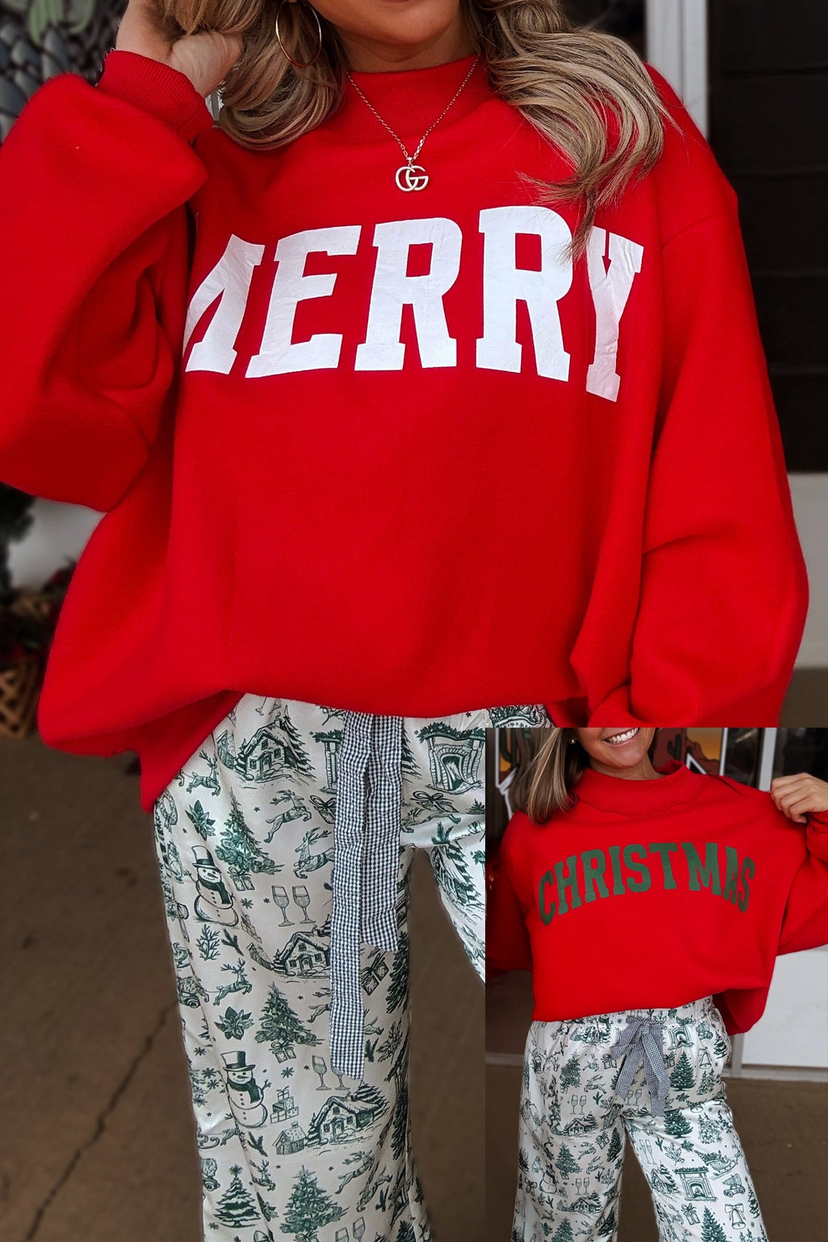 White MERRY/CHRISTMAS Reversible Print Mock Neck Baggy Pullover Sweatshirt