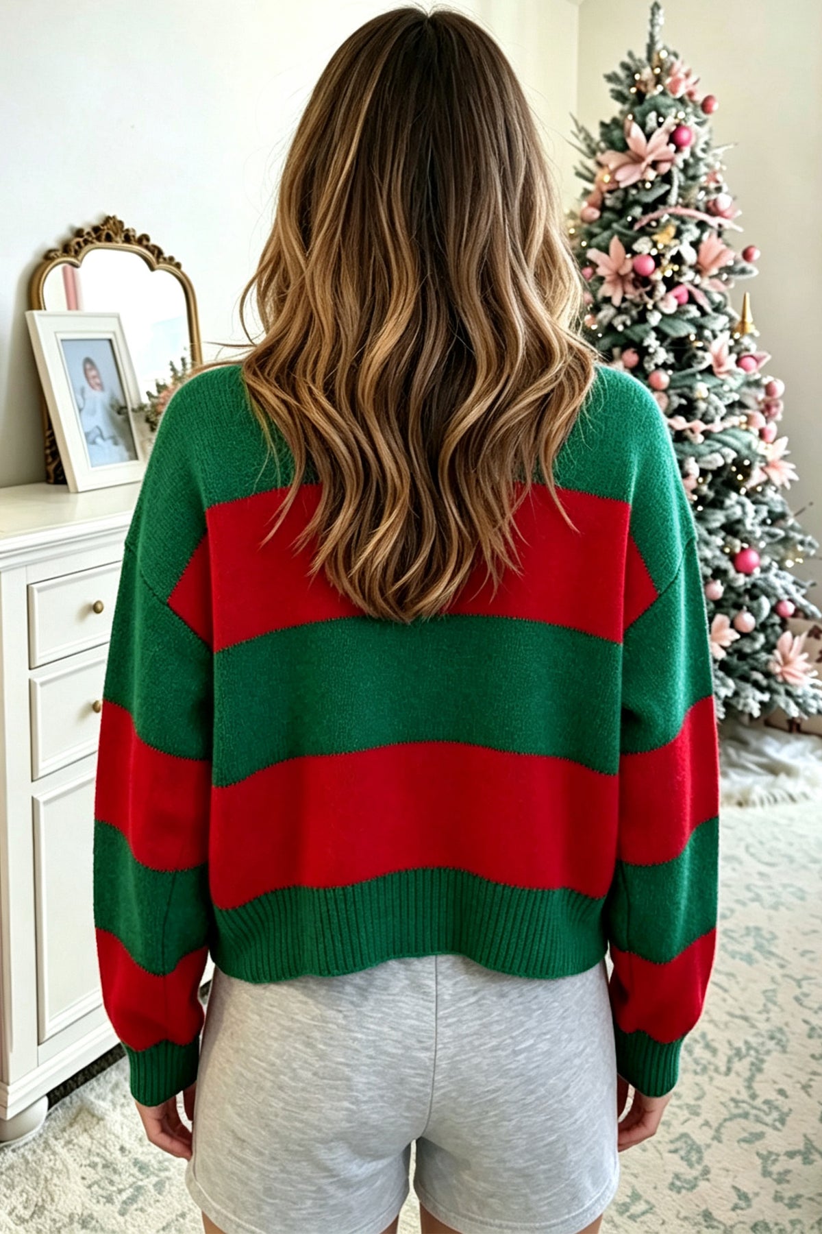 Pink Stripe Festive Holly Jolly Sequin Christmas Holiday Sweater