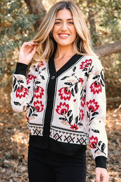 Black Floral Print Buttoned Front V Neck Knit Cardigan