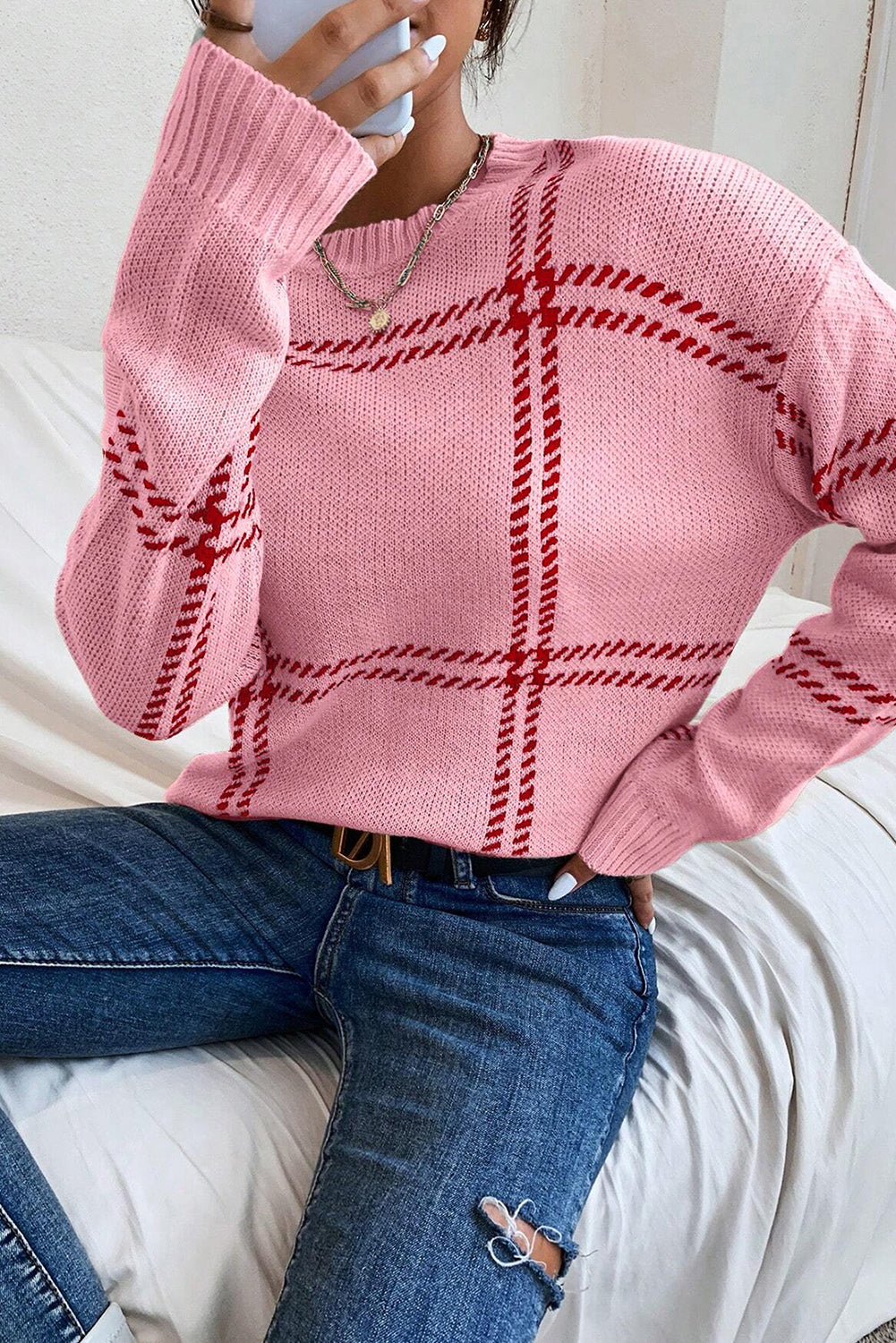 Pink Plaid Pattern Knitted Drop Shoulder Sweater