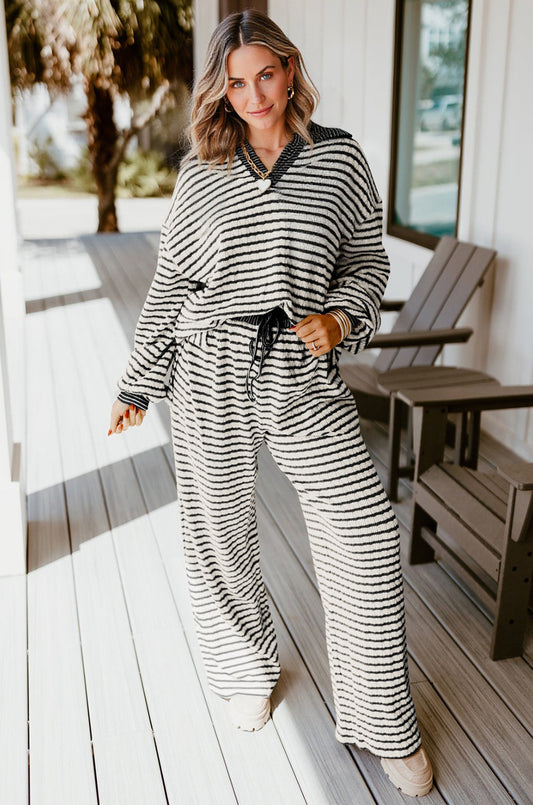 White Stripe Collared Pullover Top and Drawstring Pant Set
