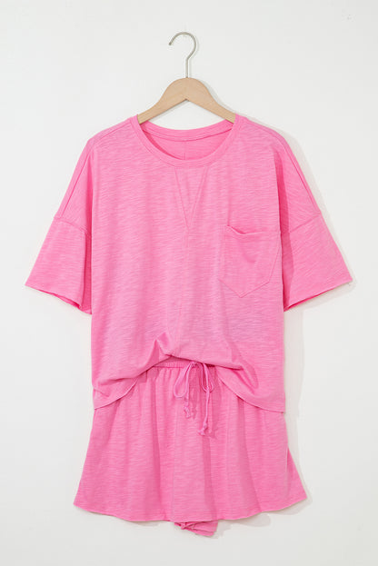 Sachet Pink Loose Fit Half Sleeve T Shirt and High Waist Skirt Set