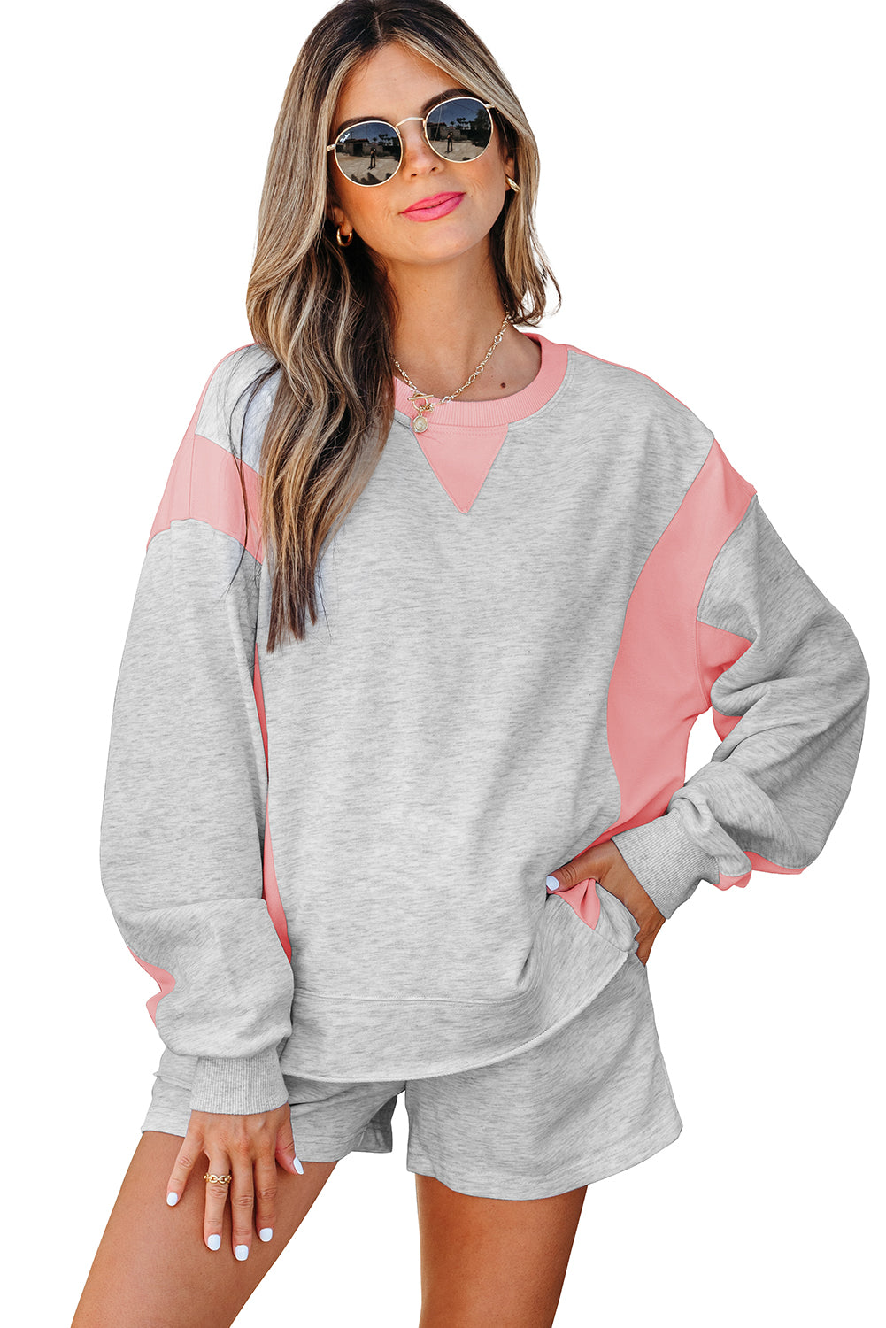 Light Grey Color Block Raw Hem Pullover and Casual Shorts Set