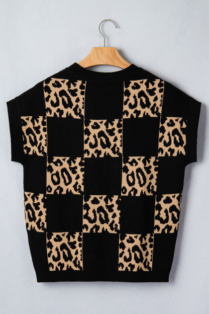 Rose Red Leopard Checkerboard Short Sleeve Knit Sweater