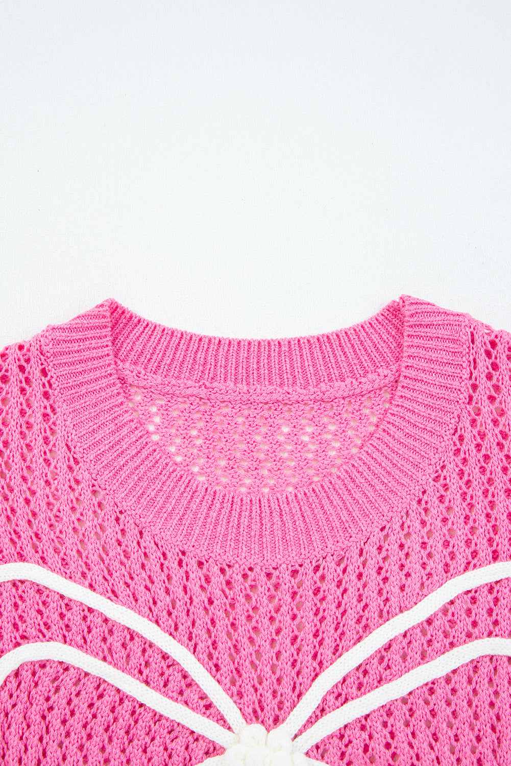 Sachet Pink Sweet Bow Decor Hollow Out Knitted Drop Shoulder Sweater