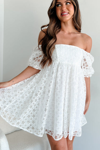 White Floral Lace Puff Sleeve Empire Waist Mini Dress