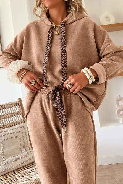Parchment Leopard Drawstring Pullover Hoodie and High Waist Pants Corduroy Suit