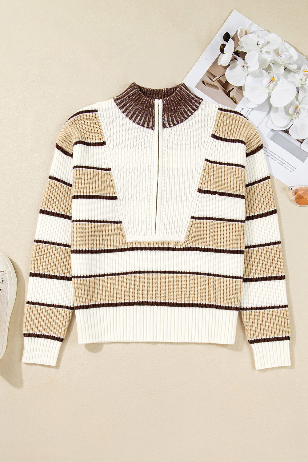 Khaki Stripe Half Zip Drop Shoulder Womens Sweater