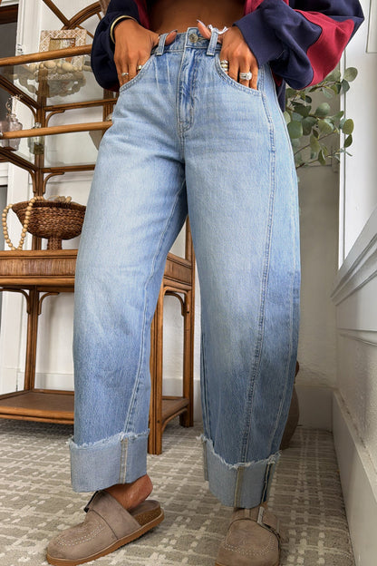 Sail Blue Raw Hem Turnup Loose Ankle-length Jeans