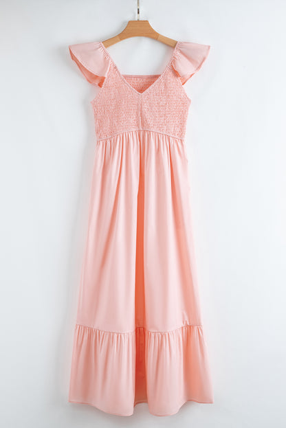 Pink V Neck Flutter Sleeve Smocked Bodice High Waist Ruffle Maxi Dress