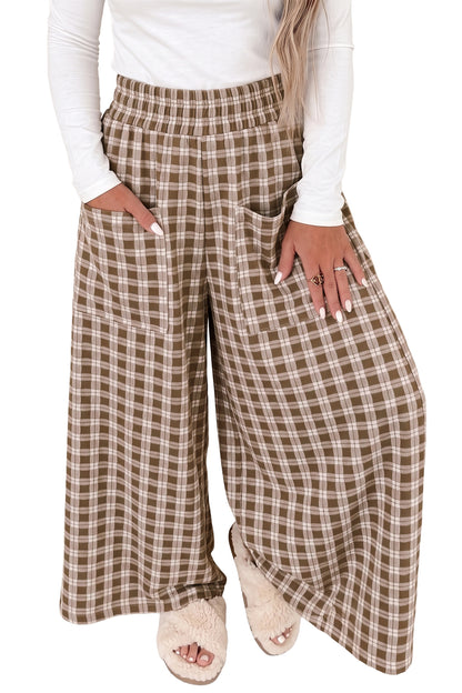 Khaki Plaid Elastic Waist Patch Pocket Wide Leg Pants