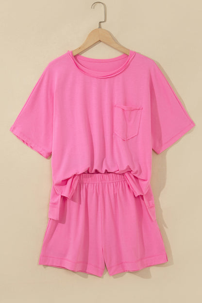 Mint Green Raw Edge Patch Pocket Oversized Top and Shorts Set