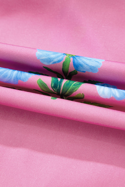 Rose Floral Short Sleeve Split Neck Loose Mini Dress