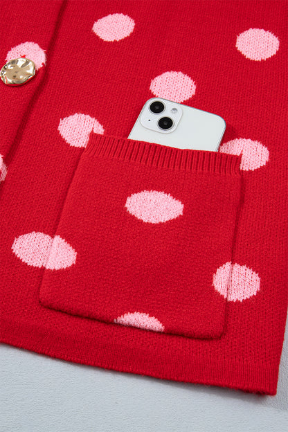 Red Polka Dot Sleeveless Knit Button Drop Shoulder Sweater Vest