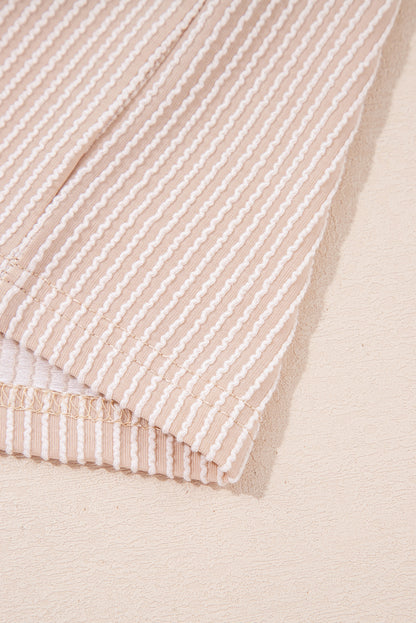 Bright Pink Spiral Ribbed Short Sleeve V Neck Buttoned Romper with Pocket