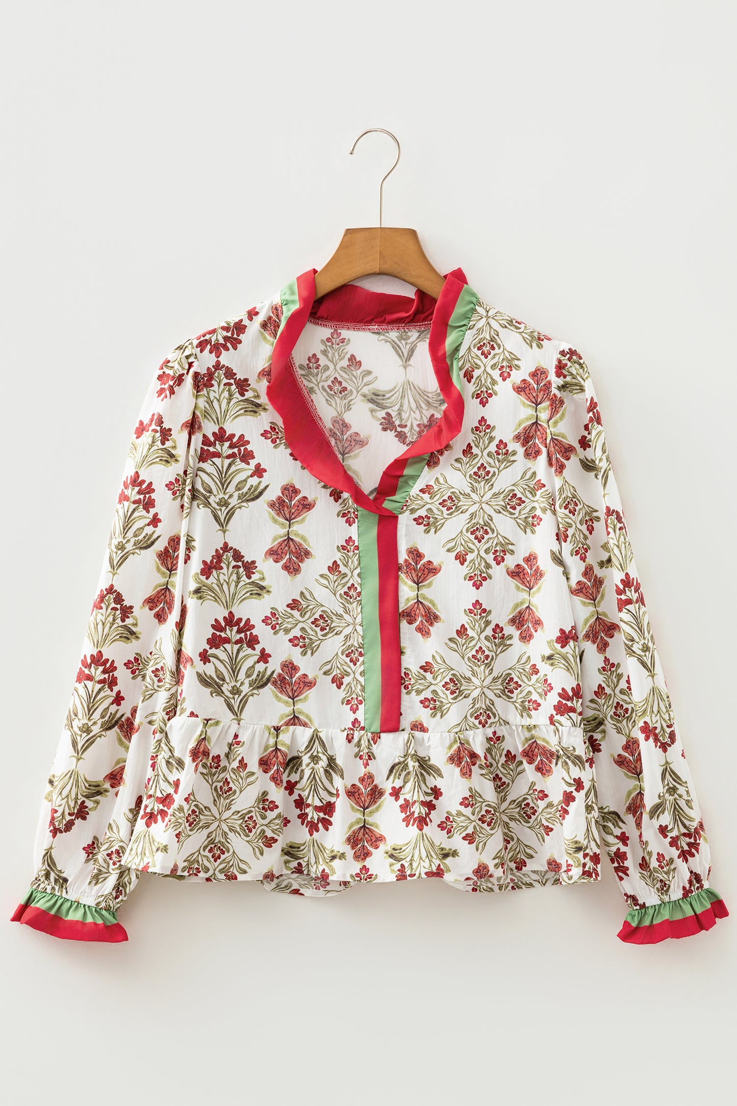 Floral Print Frilled Color Block Trim V Neck Long Sleeve Peplum Top