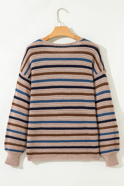Multicolour Striped Knitted Drop Shoulder Round Neck Sweater