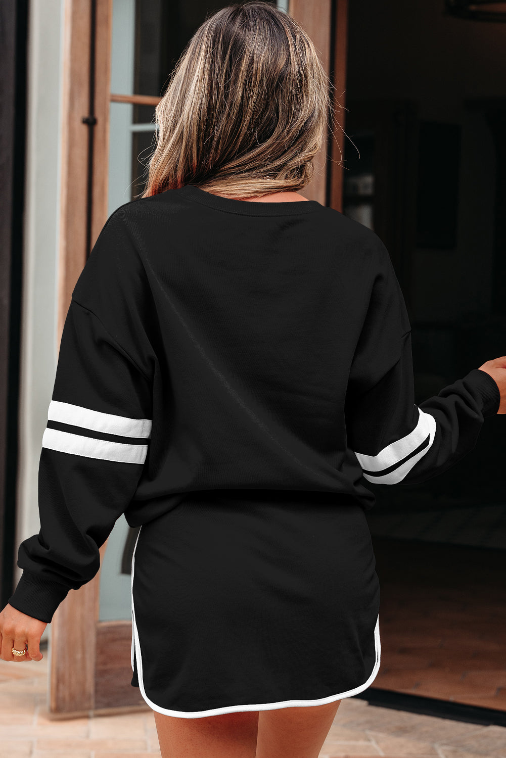 Evergreen Varsity Stripe Detail Drop Shoulder Pullover Mini Skirt Set