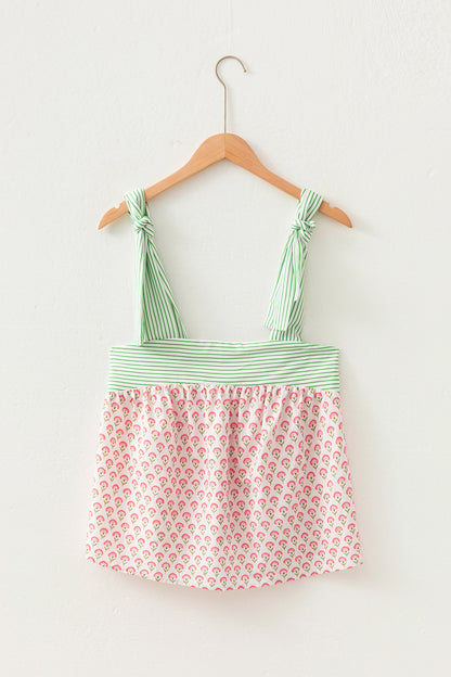 Green Fashion Printed Knot Straps Babydoll Tank Top