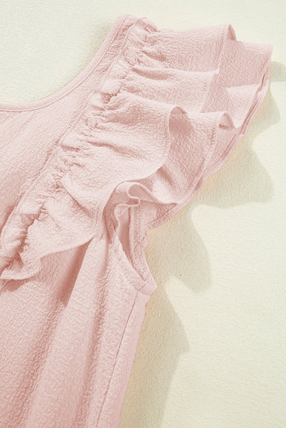 Light Pink Textured Flutter Sleeve Square Neck Bow Back Mini Dress